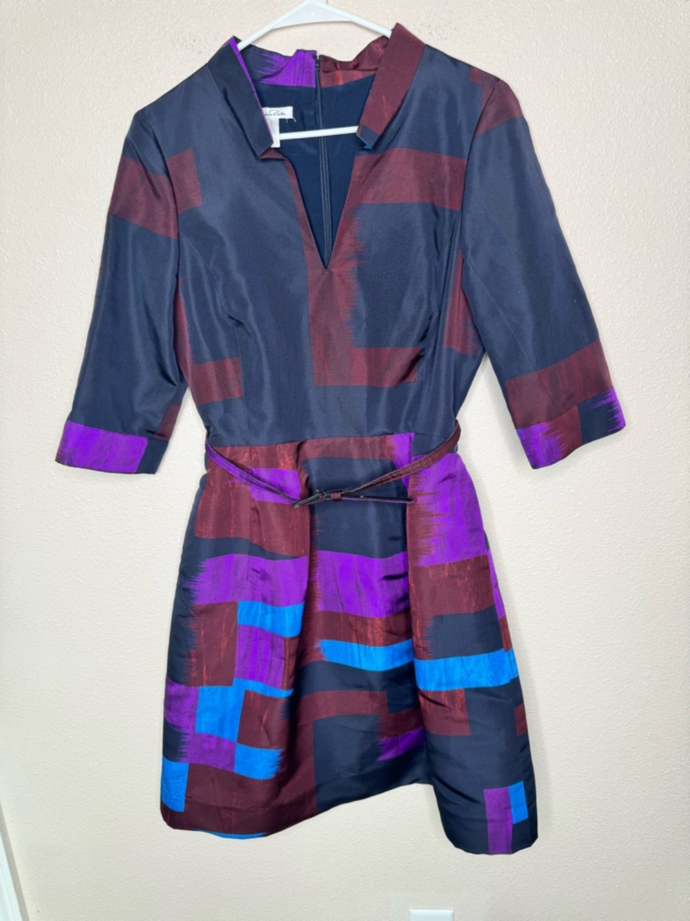 Vintage Oscar De La Renta belted Colorblock Silk Dress Size 10